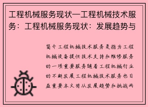 工程机械服务现状—工程机械技术服务：工程机械服务现状：发展趋势与挑战